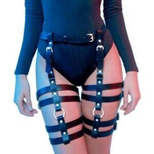 🆕Women Black Leather Waist Chain Body Belly Chain Layered Thigh Leg Garter Belt